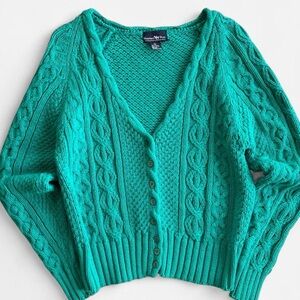 Vintage Aqua Green Chunky Knit Hunter’s Run Button Front Cardigan Sweater S